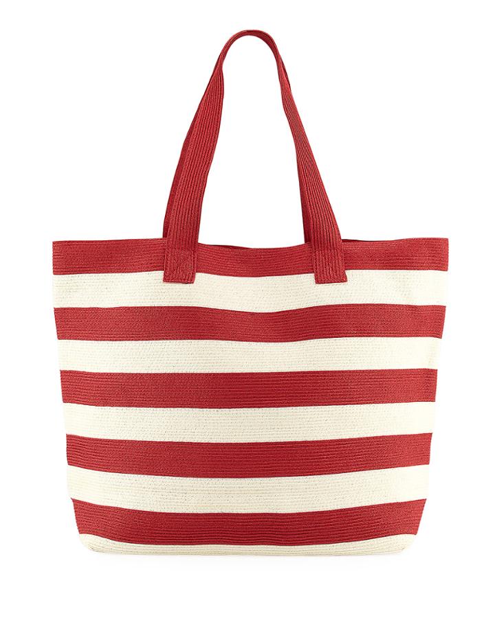Wide Striped Straw Tote Bag, Red