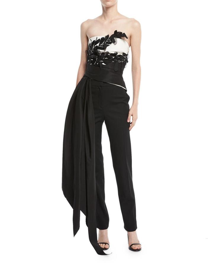 Strapless Floral Bustier Top W/ Draped Ties