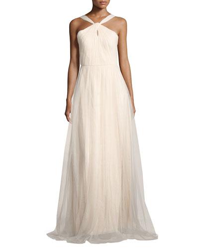 Keyhole Halter-neck Mesh Gown, Beige