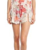 Floral-lace Chiffon Lounge Shorts, Ivory/fuchsia