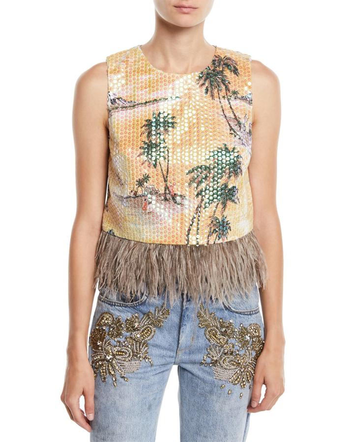 Hawaiian Shine Sequin Top With Feathers