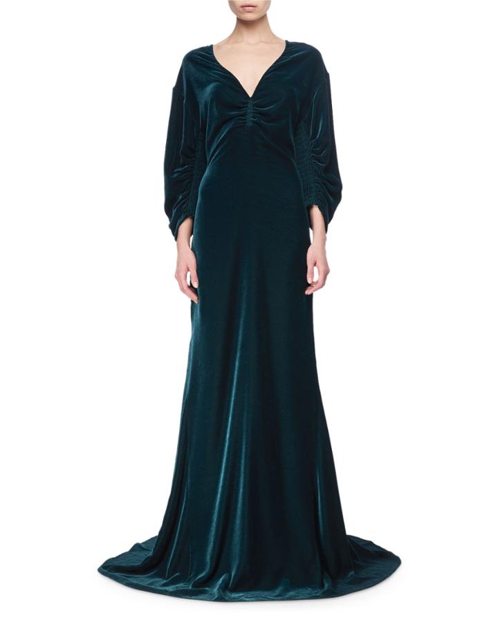 Velvet Smocked-sleeve Sweetheart-neck Gown