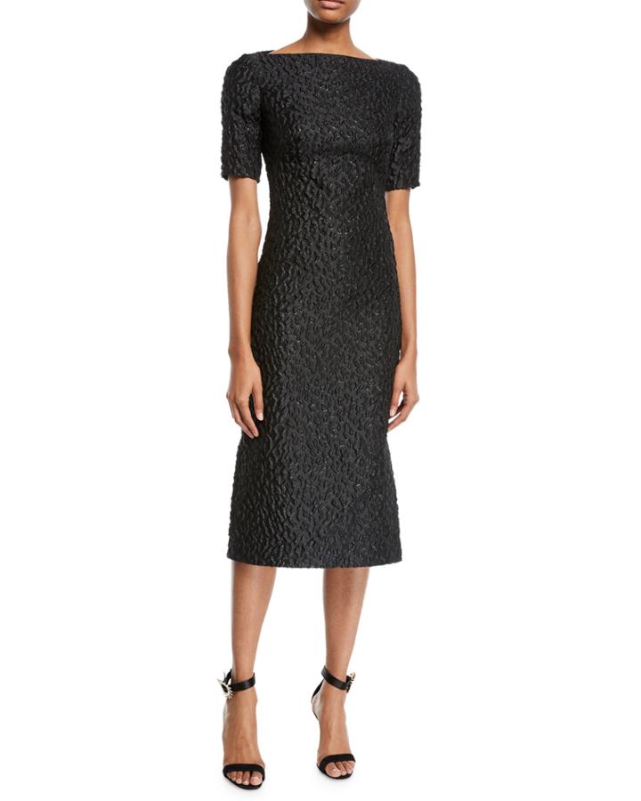 Short-sleeve Leopard-jacquard Midi Sheath Cocktail Dress