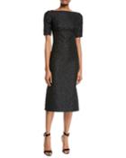 Short-sleeve Leopard-jacquard Midi Sheath Cocktail Dress
