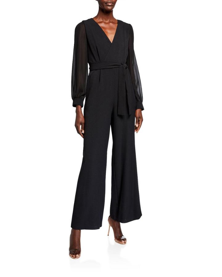 Long-sleeve V-neck Tie-waist Jumpsuit