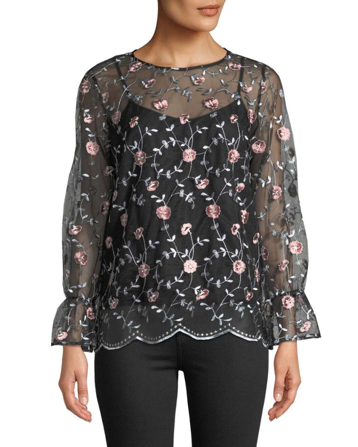 Embroidered-mesh Bell-cuff Blouse