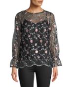 Embroidered-mesh Bell-cuff Blouse