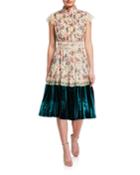 Floral-print Velvet-paneled Lace Pleated Dress