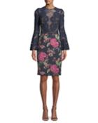Lace Trumpet-sleeve Cocktail Dress W/ Floral
