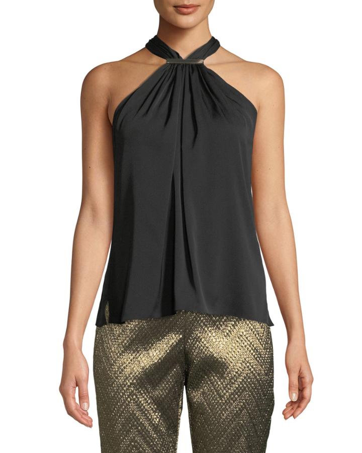 Derosa Silk Halter Top With Ribbon Tie