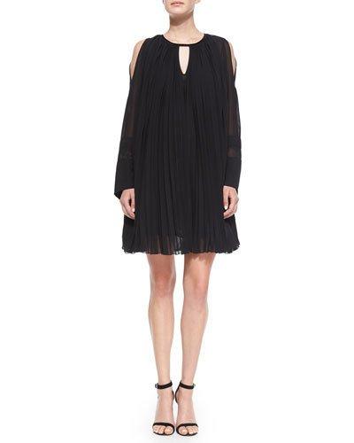 Long-sleeve Pleated Oversized Shift Dress, Black