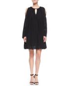 Long-sleeve Pleated Oversized Shift Dress, Black
