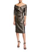 Metallic Off-the-shoulder Portrait 1/2-sleeve Cocktail Dress