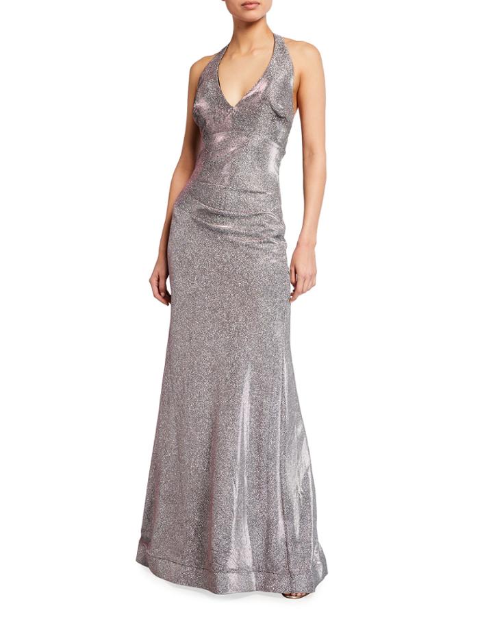 Long Metallic Knit V-neck Halter Gown