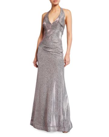 Long Metallic Knit V-neck Halter Gown