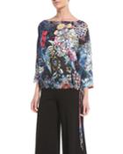 3/4-sleeve Multi Floral-print Tulle Drawstring Top
