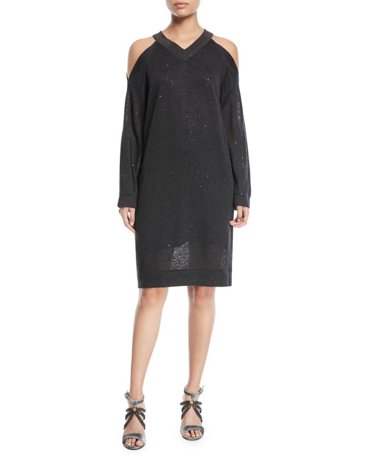 V-neck Cold-shoulder Linen Silk Paillette Tunic Dress