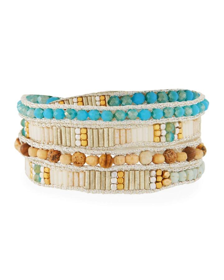 Metallic Thread & Beaded Wrap Bracelet, Blue/green