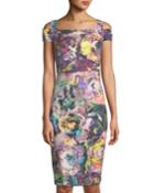 Cold-shoulder Seamed Floral-print Dress