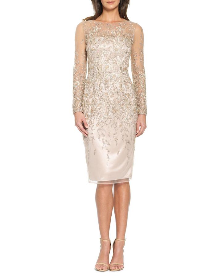 Embroidered Satin Illusion Cocktail Dress