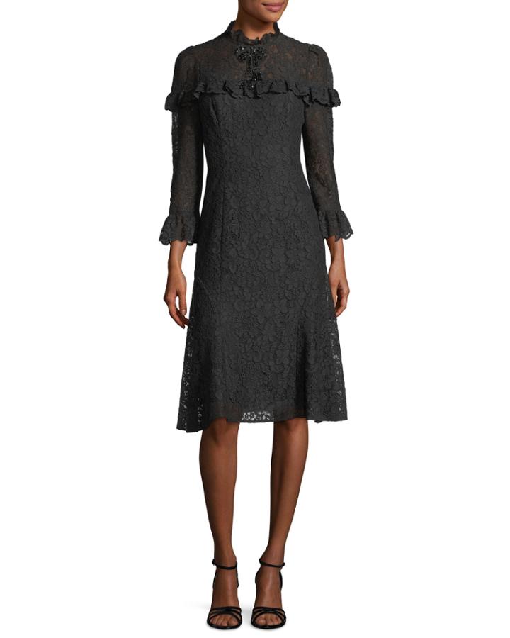 Lace Ruffle Cocktail Dress W/ Bead Bow
