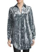 Spread-collar Velvet Shirtdress, Navy