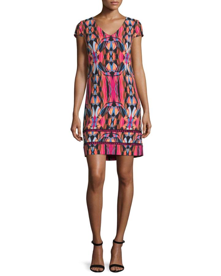 Cap-sleeve Printed Sheath Dress, Black