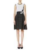Leaf-embroidered Tweed Sleeveless Fit-&-flare Dress