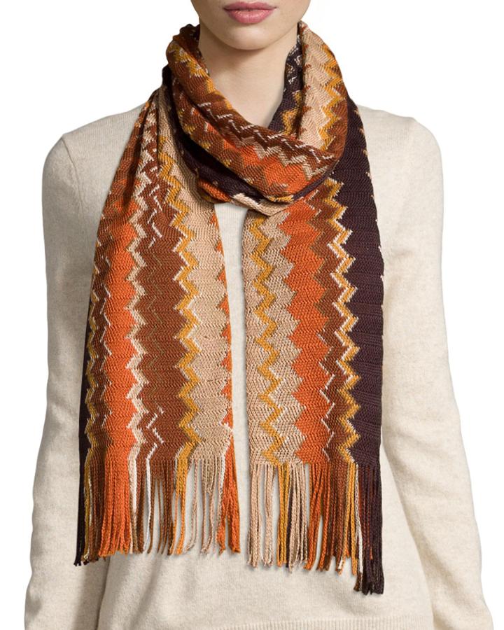 Missoni Zigzag Fringe Scarf, Rust, Women's, Blue