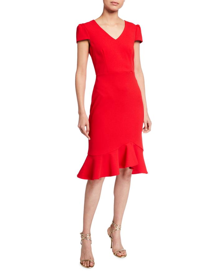 Scuba Crepe Cap-sleeve Flounce Dress