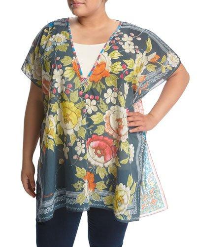 Rosalia Beaded-neck Poncho Top, Multi,