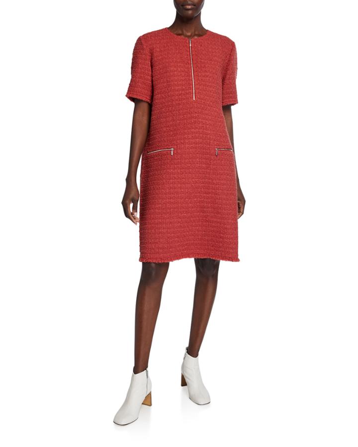 Freja Textured Zip-front Short-sleeve Dress With Fringe