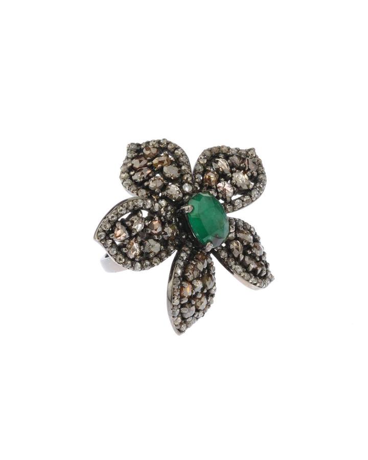 Silver Flower Ring With Emeralds & Diamonds,
