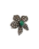 Silver Flower Ring With Emeralds & Diamonds,