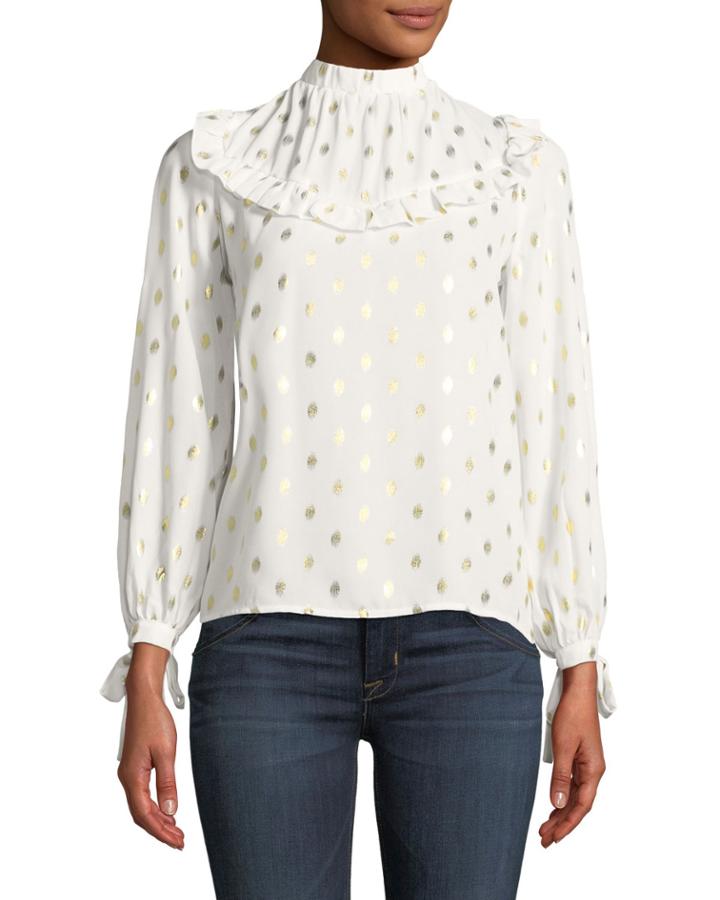 Dana Ruffle-yoke Foil Dot Blouse