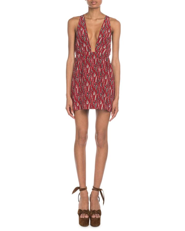 V-neck Feather-print Crepe De Chine