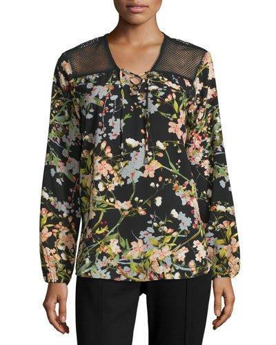 Floral-print Mesh-yoke Top, Black