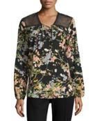 Floral-print Mesh-yoke Top, Black