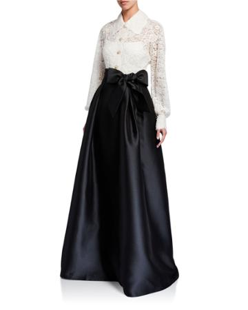 Shirt Collar Lace Top Gown W/ Jewel Buttons & Silk Pique