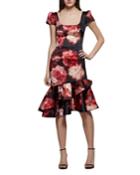 Rose-print Fit-and-flare Cocktail Dress