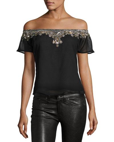 Embellished Off-the-shoulder Blouse, Black