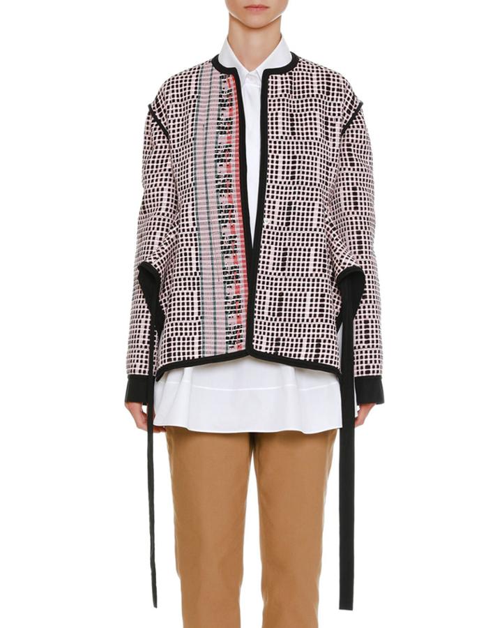 One-button Textured-knit Side-slit Jacket With Ribbon Trim