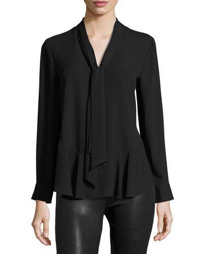 Long-sleeve Tie-neck Top, Rich Black
