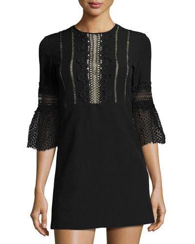 Bell-sleeve Lace-inset Mini Dress, Black