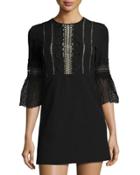 Bell-sleeve Lace-inset Mini Dress, Black