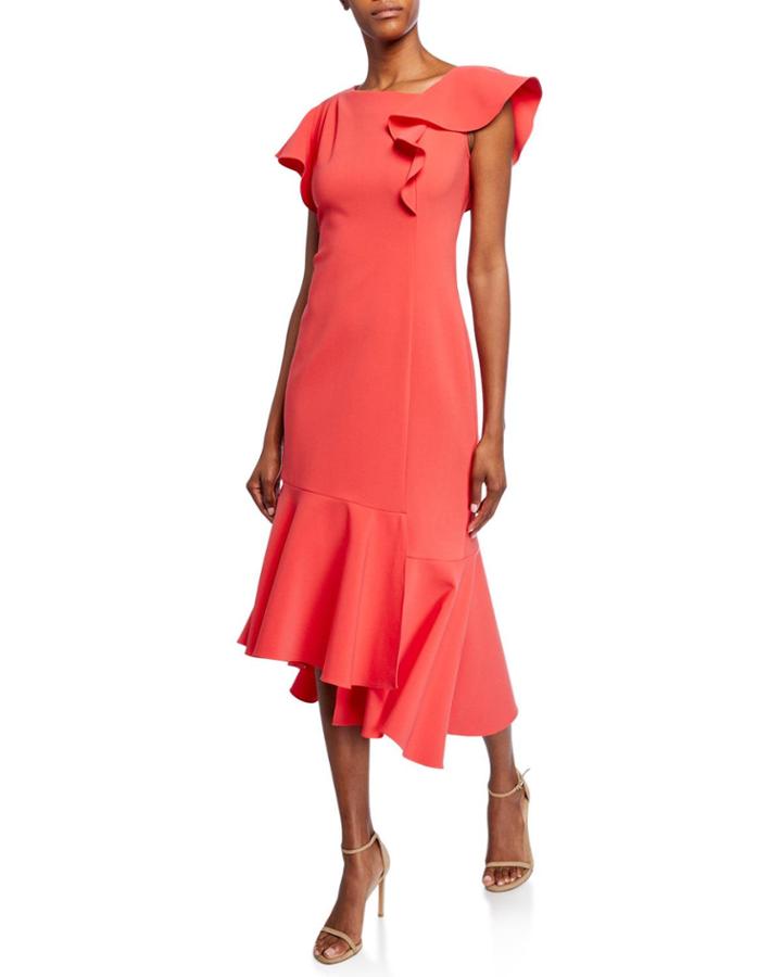 Sula Short-sleeve Asymmetric Scuba Dress With Ruffle Details