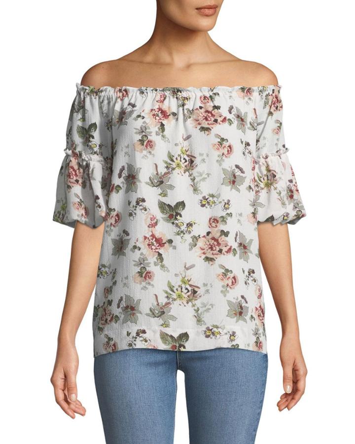 Off-the-shoulder Bubble-sleeve Floral Blouse