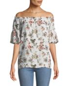 Off-the-shoulder Bubble-sleeve Floral Blouse