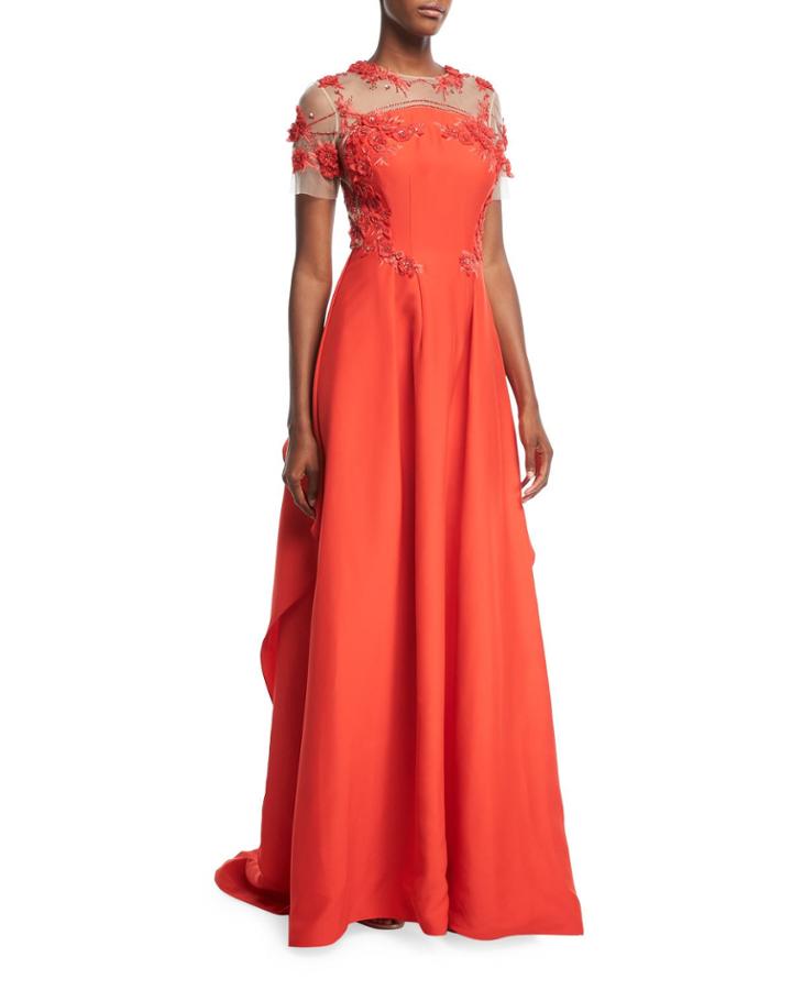 Silk Faille Evening Gown With Floral-embroidery