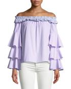 Off-the-shoulder Striped Ruffle-tiered Blouse